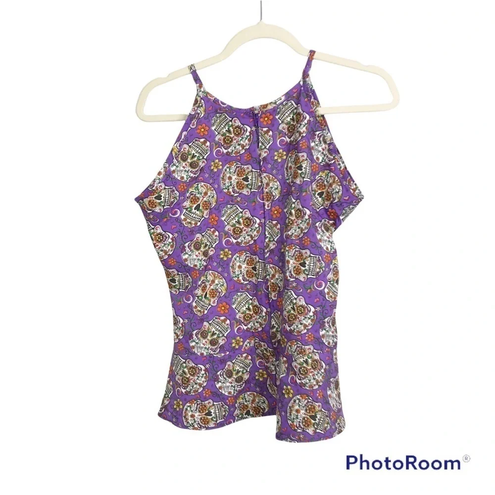 Sugar skull all over print peplum sleeveless tank top